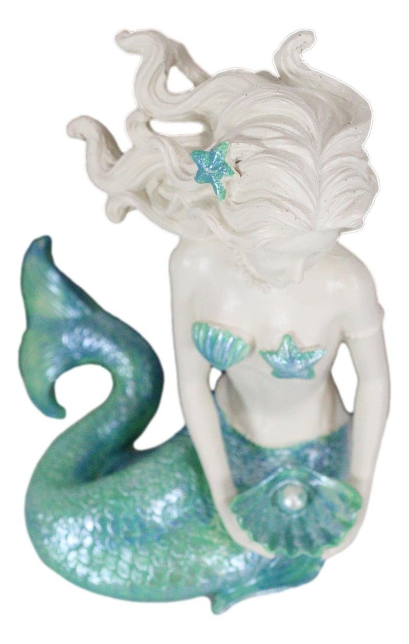 Ebros Gift Nautical Capiz Blue Tailed Siren Mermaid with Seashell and Starfish Statue Ocean Aquamarine Princess Coastal Beach Under The Sea Decorative Accent (Holding Pearl Shell) - Image 5